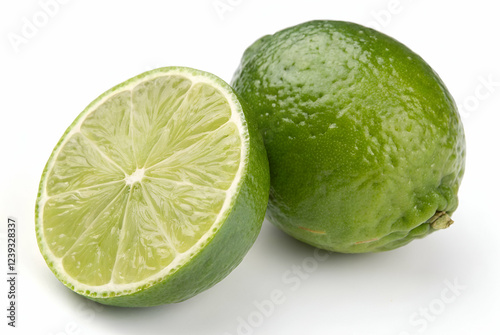 Two Limes On White Background, One Cut In Half Showing Juicy Interior