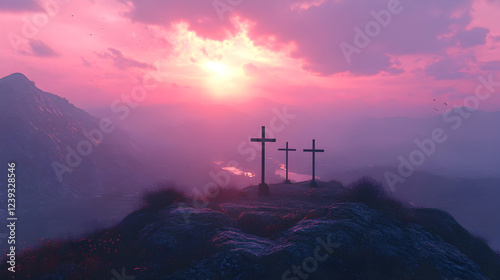 una montaña con tres cruces para celebrar el viernes santo la semana santa con un paisaje hermoso al atardecer celebracion cristiana catolica