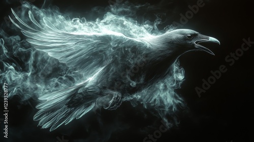 A Phantasmal Raven in Flight: An Ethereal Artistic Depiction of a Mysterious Bird Emerging from Smoke and Shadow, Symbolizing Mystery, Magic, and the Unseen.