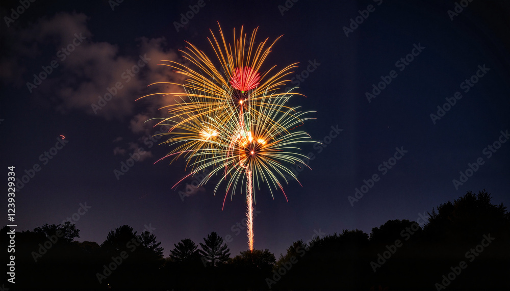 Golden firework bursting over forest at night, magical celebration Golden firework bursting over forest at night, magical celebration