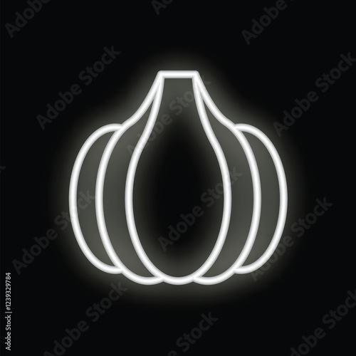 White neon sign illuminating a garlic bulb, creating a glowing culinary icon against a dark backdrop