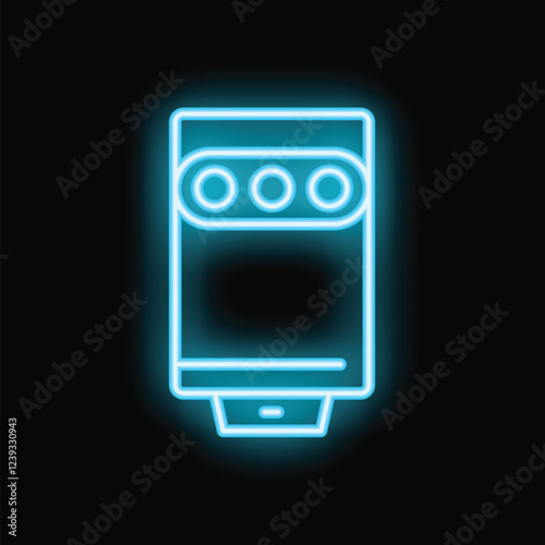 Blue neon icon of a water heater glowing on a black background