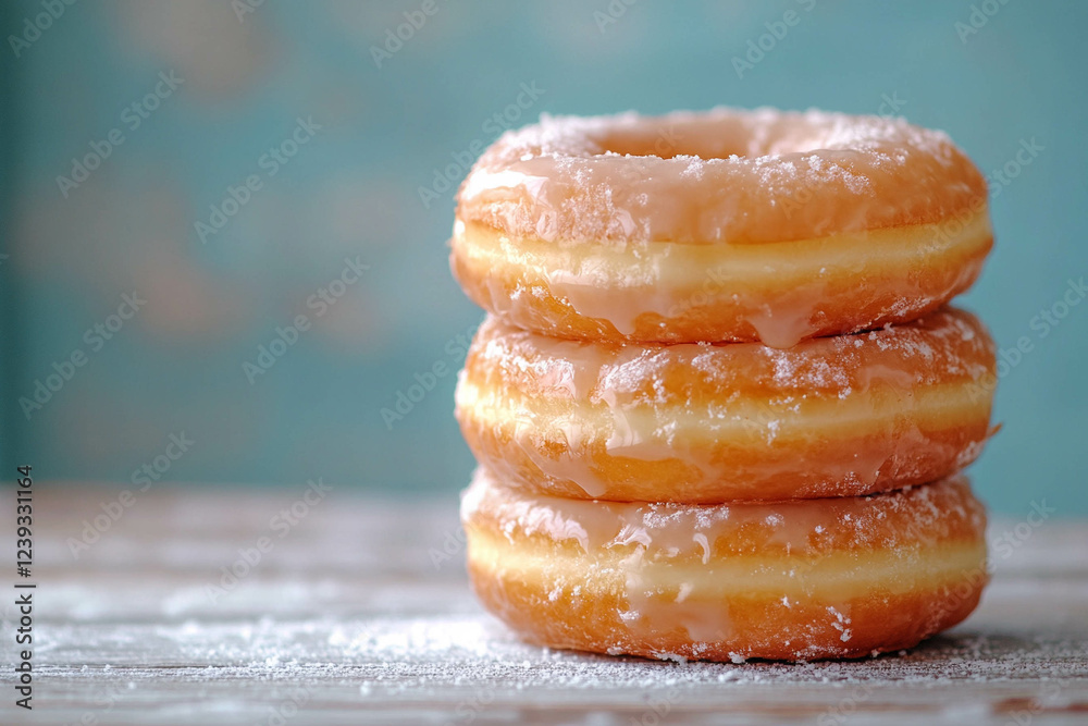 Three stacked glazed donuts with a sugary coating on a wooden surface, against a soft blue background. Three stacked glazed donuts with a sugary coating on a wooden surface, against a soft blue background.