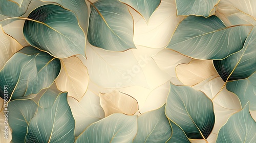 Wallpaper Mural Elegant Artistic Leaves in Blue, Green, and Gold Torontodigital.ca