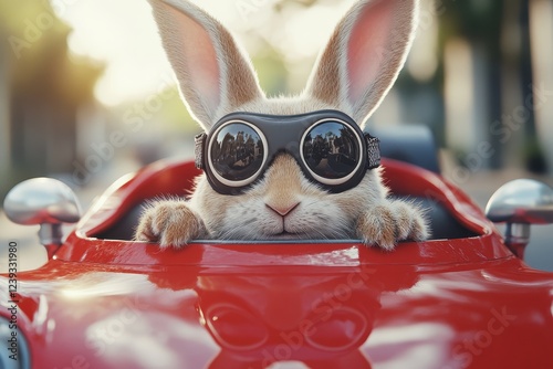 Bunny wearing goggles driving a red toy car outdoors photo