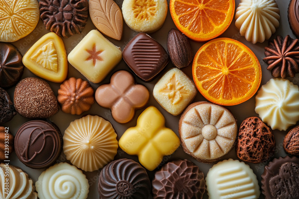 An assortment of various chocolates and confections, including dark, milk, and white chocolates, along with decorative shapes and orange slices. An assortment of various chocolates and confections, including dark, milk, and white chocolates, along with decorative shapes and orange slices.