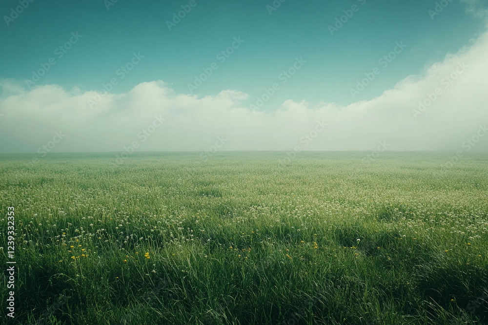 A serene landscape featuring a vast, grassy field under a clear blue sky with soft clouds in the background. The field is dotted with wildflowers and has a tranquil, peaceful atmosphere.