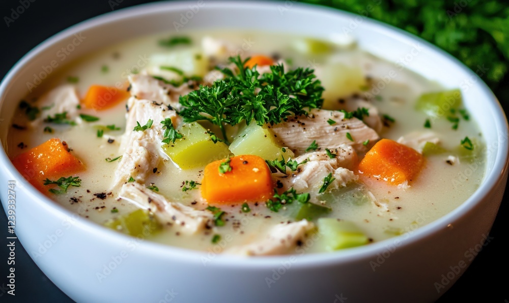 Delicious waterzooi soup featuring chicken and fresh vegetables in creamy broth Delicious waterzooi soup featuring chicken and fresh vegetables in creamy broth