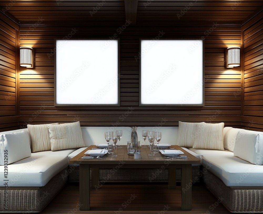 Fototapeta premium Cozy lounge area with wooden walls and elegant seating arrangement