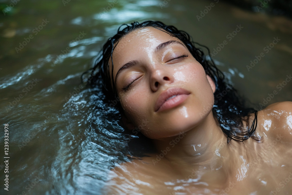 Fototapeta premium Generative AI illustration of beautiful girl relaxing in tropics