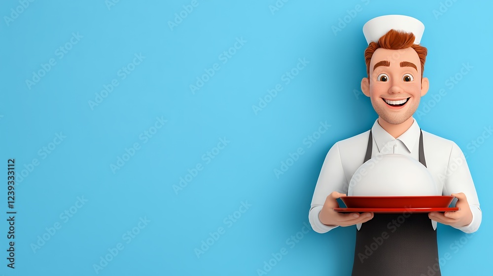 Smiling Cartoon Chef Presenting Food on a Red Tray Smiling Cartoon Chef Presenting Food on a Red Tray