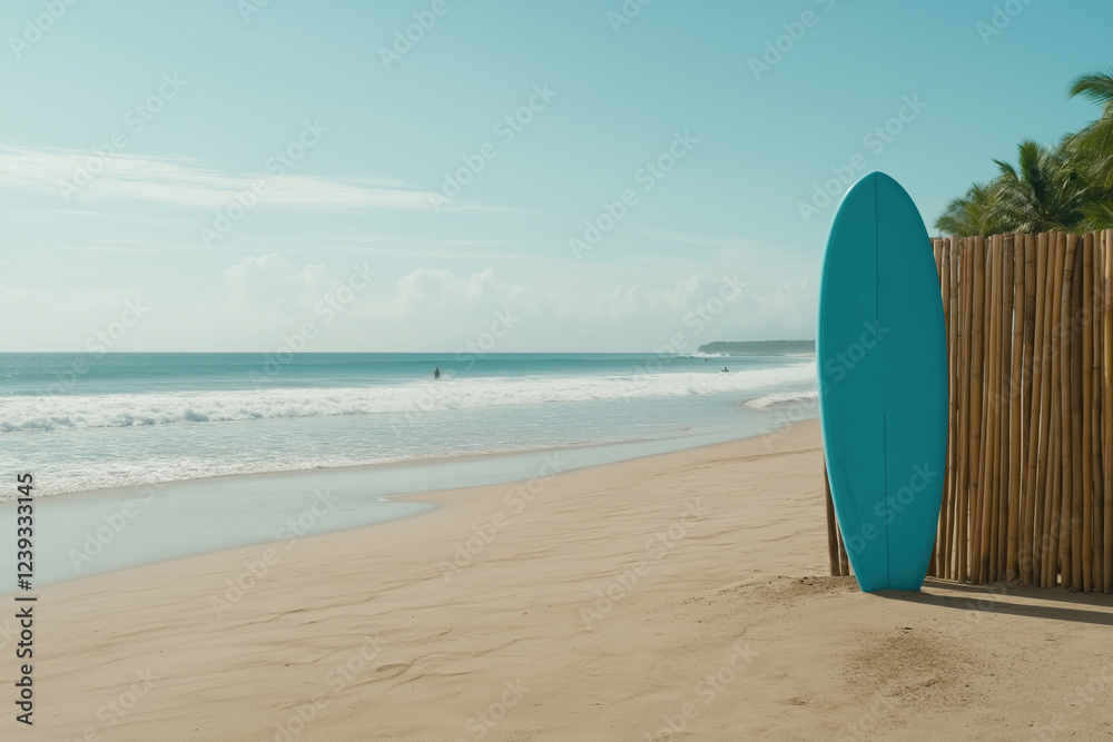 Sunny beach setting with a turquoise surfboard against a bamboo fence Sunny beach setting with a turquoise surfboard against a bamboo fence
