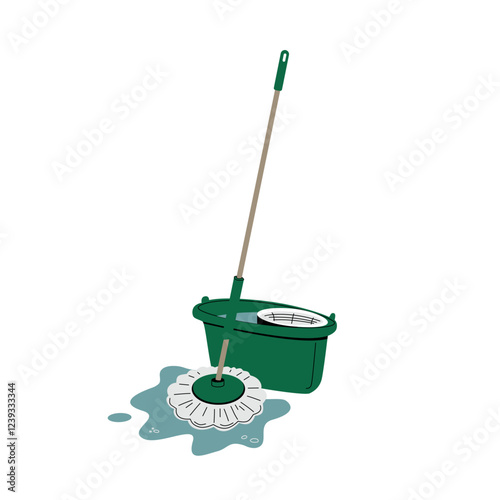 A mop and a cleaning bucket. Water drips from the mop.