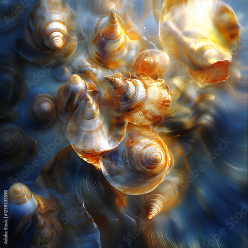 A vibrant collection of seashells illuminated by sunlight on a calm ocean surface. photo