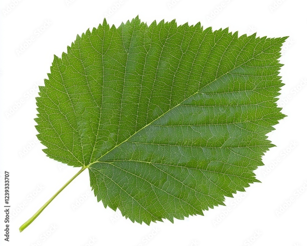 Fresh Green Leaf with Veins and Texture on White Background