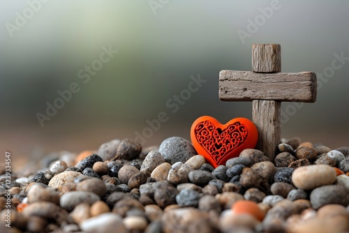 Weathered wooden cross and intricate heart motif nestled amongst pebbles embodying the dichotomy of faith and humanity in a cinematic tranquil pastoral setting with classical religious influences