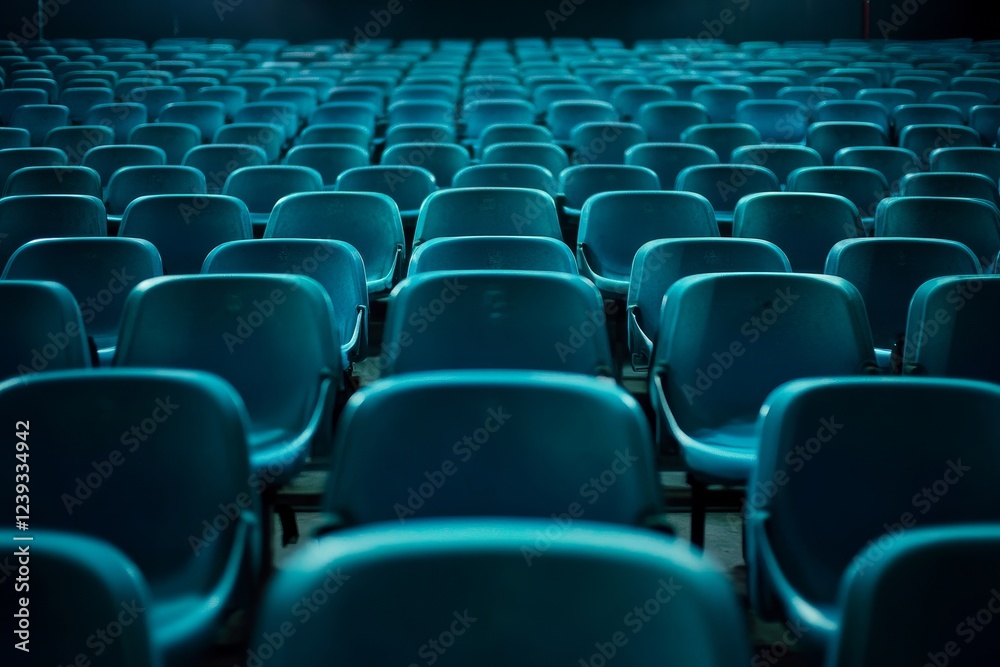 Rows of empty blue plastic stadium seats await spectators in the sports arena event venue Rows of empty blue plastic stadium seats await spectators in the sports arena event venue