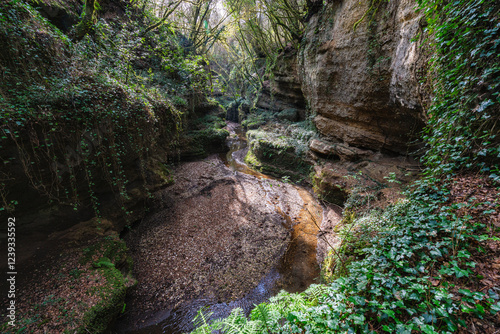 Natural canyons (forre), streams and waterfalls near the village of Gallese, in the Province of Viterbo, Lazio, Italy.