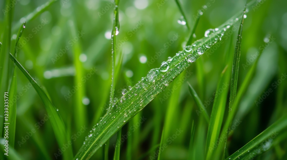 Dew Drops on Fresh Green Grass - A Close-Up Nature's Beauty Dew Drops on Fresh Green Grass - A Close-Up Nature's Beauty