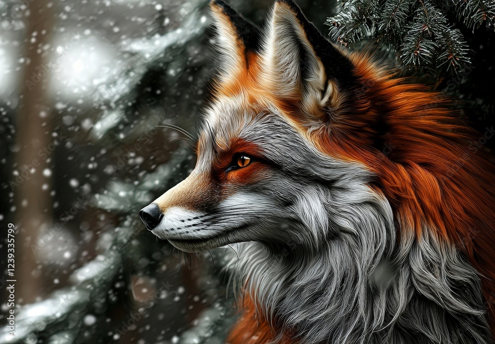 Fototapeta premium Majestic Red Fox in Snowy Forest Environment with Pine Trees