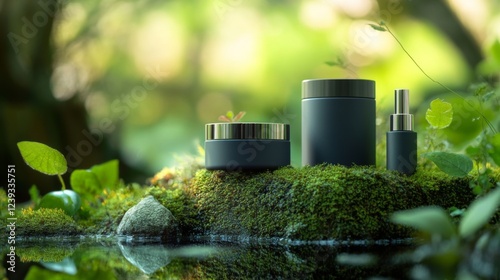 Nature-Inspired Skincare Products in a Lush Forest Setting