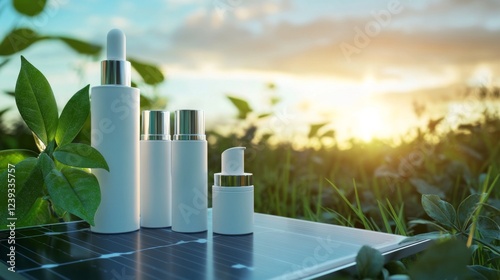 Eco-Friendly Skincare Products on a Solar Panel, Natural Beauty