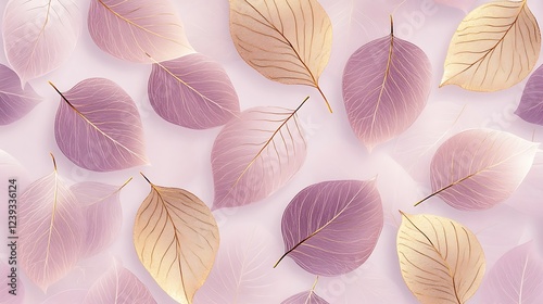 Pastel Leaves with Gold Accents on Pink Background