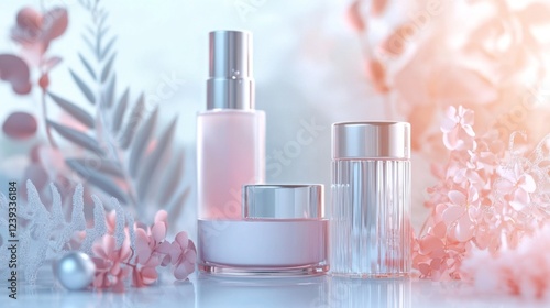 Elegant Skincare Products Displayed with Delicate Flowers and Leaves