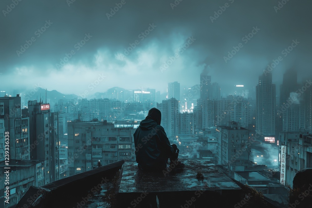 Lone figure on a rooftop overlooking a moody futuristic cityscape