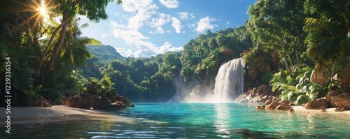 A serene tropical landscape featuring a cascading waterfall, lush greenery, and a tranquil blue lagoon under a bright sky.