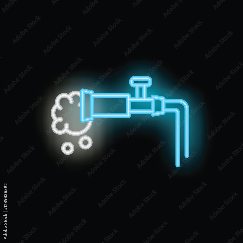 Blue and white neon water pipe leaking and spraying water on a black background Blue and white neon water pipe leaking and spraying water on a black background