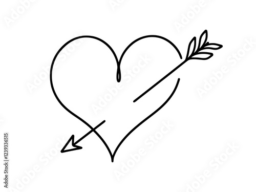 Heart pierced by an arrow. Continuous line love and arrows. Vector illustration.