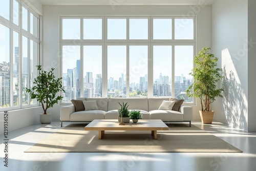 Modern living room with sleek design, bright and spacious space with large windows offering city views, minimalist decor, white couch, wooden table, and potted plants for a refreshing atmosphere.