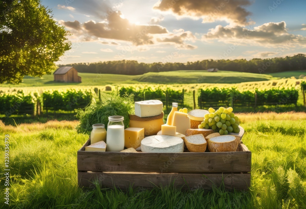 Fototapeta premium vibrant lush farm landscape featuring fresh dairy products display scenic fields rustic element enhancements, barn, butter, baskets, cheddars, cheese, crops
