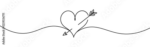 Heart pierced by an arrow. Continuous line love and arrows. Vector illustration.