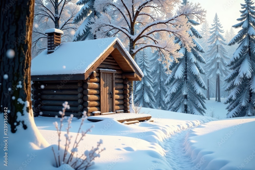 Snowflakes gently fall around a wooden hut under snow-covered trees, tree, wood Snowflakes gently fall around a wooden hut under snow-covered trees, tree, wood