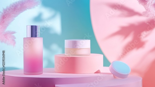 Elegant Pink Cosmetics Display with Soft Lighting