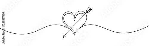 Heart pierced by an arrow. Continuous line love and arrows. Vector illustration.