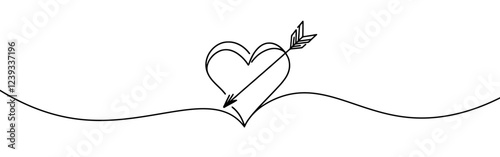 Heart pierced by an arrow. Continuous line love and arrows. Vector illustration.