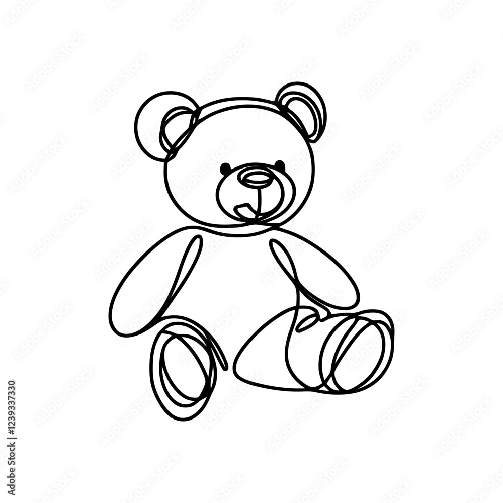 Obraz premium Teddy bear continuous one line drawing. Soft toy, in simple linear style. Birthday gift and greeting card. Vector illustration.
