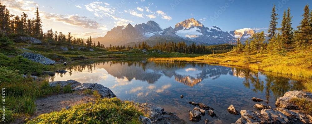 Fototapeta premium A serene landscape featuring a calm lake reflecting mountains under a vibrant sky, surrounded by lush greenery and evergreen trees.