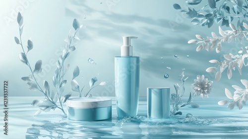 Elegant Blue Skincare Products on Water with Delicate Flowers and Leaves