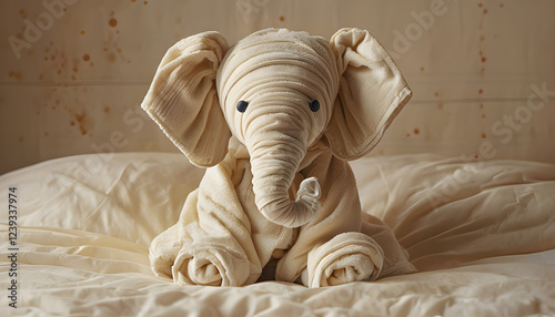 soffice elefantino con il corpo composto di asciugami e stoffa seduto sopra un letto, soft elephant with body made of towels and cloth sitting on a bed photo