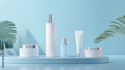 Elegant Skincare Product Presentation on a Pastel Blue Display
