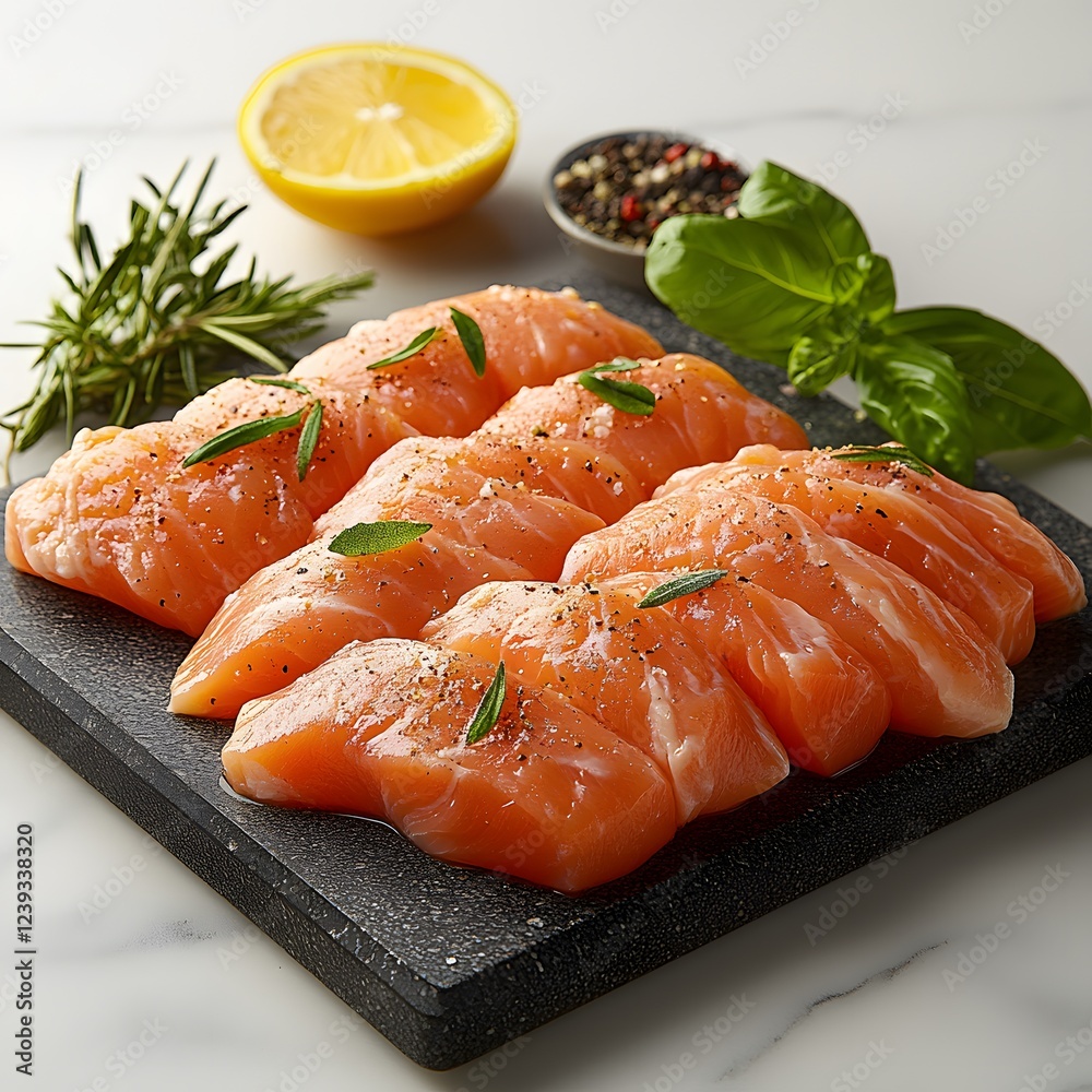 Fresh salmon fillets, herbs, lemon, peppercorns, marble background, food photography