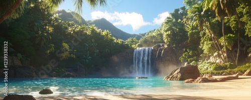 A serene tropical landscape featuring a waterfall cascading into a turquoise lagoon, surrounded by lush greenery and distant mountains.