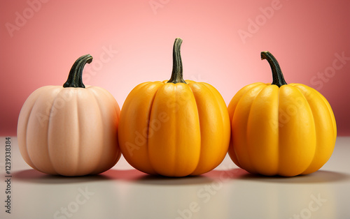 Colorful pumpkins and leaves sitting in a row on wooden background with copy space	 photo