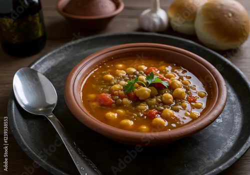 A close-up view of Harira, highlighting the textures of lentils and chickpeas, a beloved dish served during iftar in Morocco.