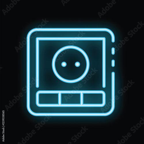 Glowing neon icon representing a smart plug with an energy consumption display, on a black background
