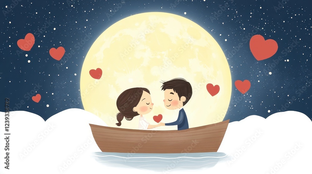 Romantic Couple in Boat Under Moonlight with Floating Hearts Romantic Couple in Boat Under Moonlight with Floating Hearts